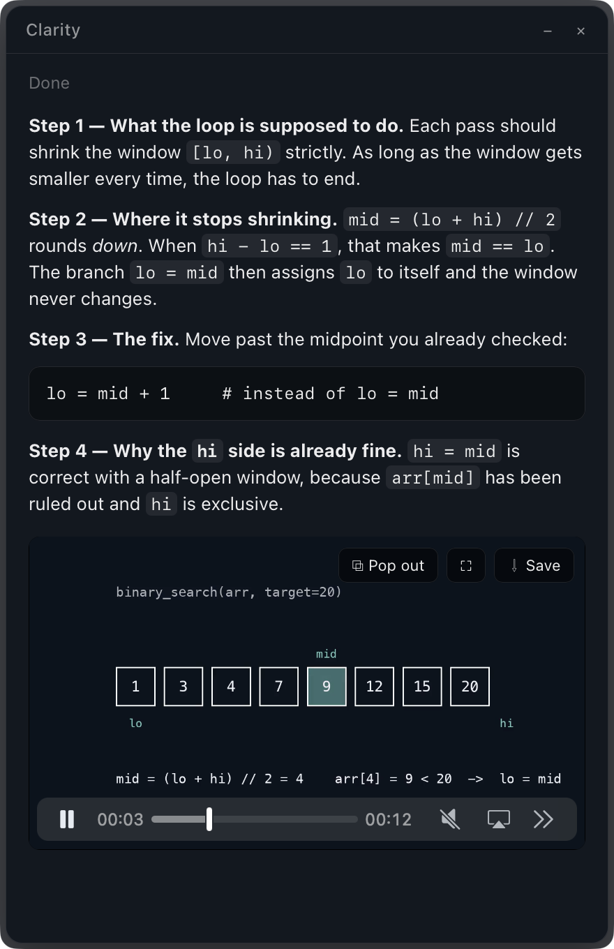 The result window with the explanation and the animation
